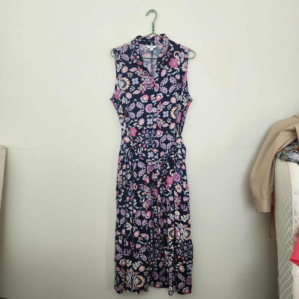 Croft & Barrow Womens Navy Blue Floral Sleeveless Midi Dress Tie Waist Pockets L